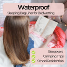 Girl reading a book on her white waterproof sleeping bag liner . Graphic explains it is waterproof and can be used for sleepovers, residentials and camping trips.