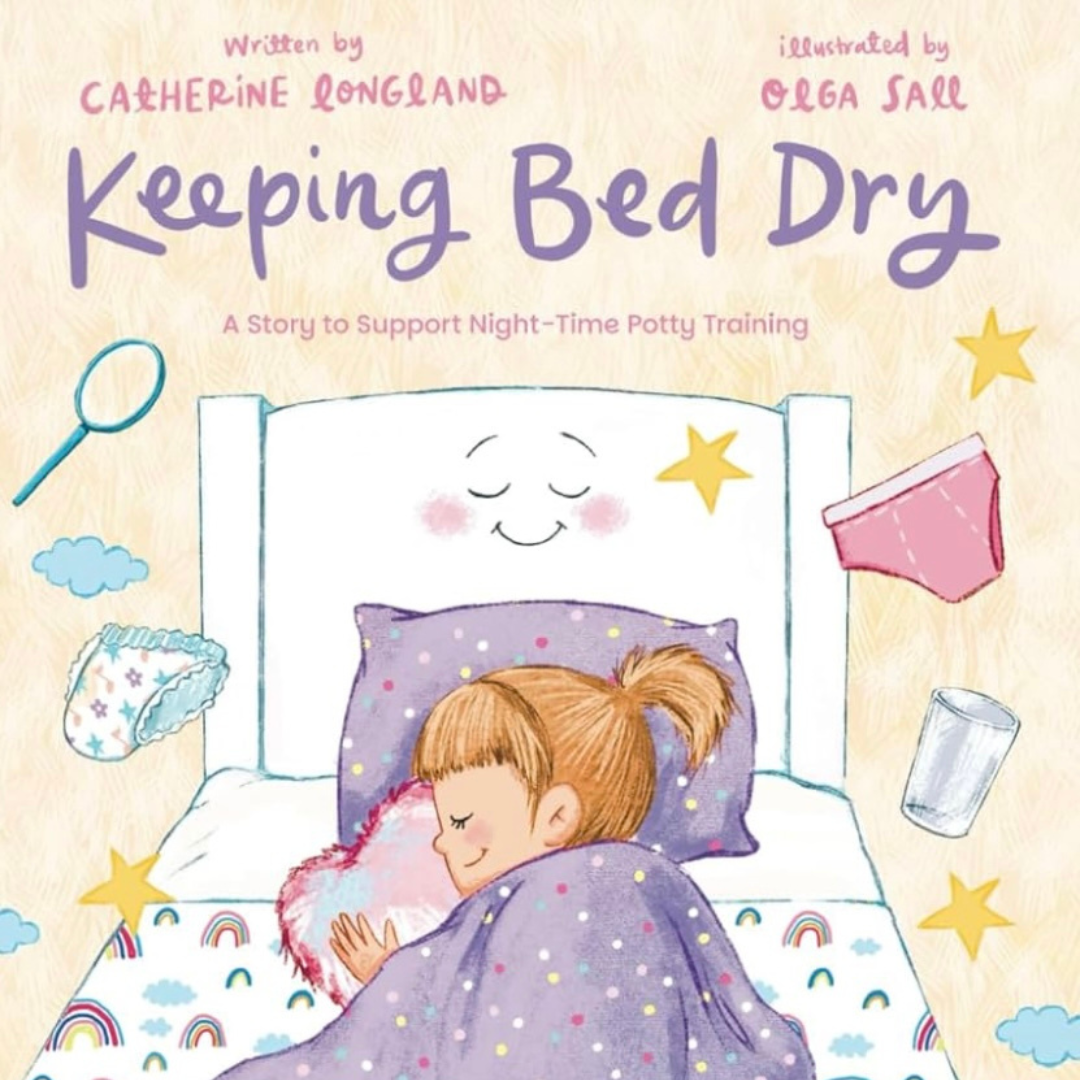 Children's book ' Keeping Bed Dry' with illustration of a child sleeping in bed with stars and a teddy bear.