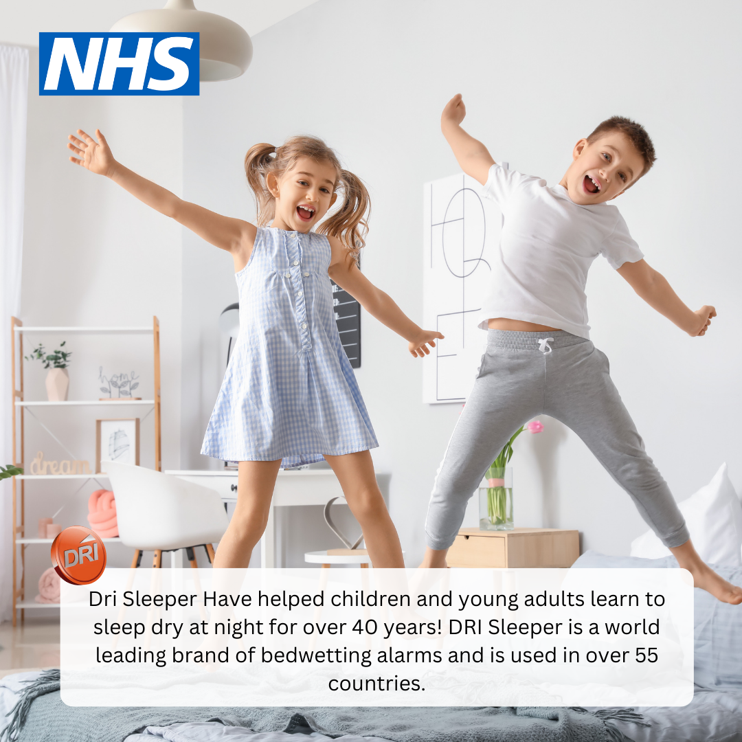 An NHS advertisement image featuring two young children, a boy and a girl, jumping joyfully in a bedroom. The girl is wearing a checkered dress and the boy is in a white t-shirt and grey pants.