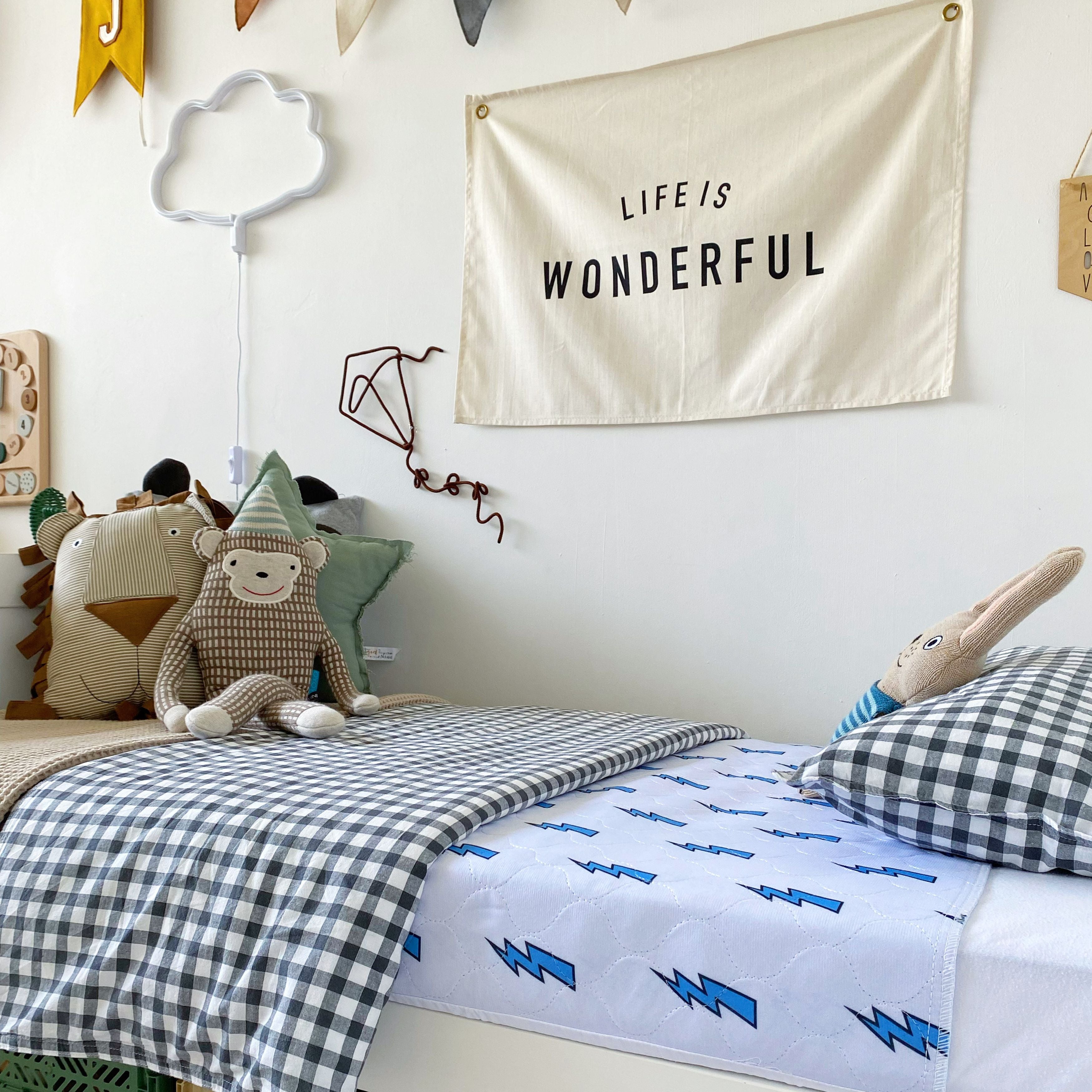 Bedroom using the waterproof lightning bolt mattress protector.