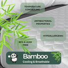 Graphic showing the properties of the bamboo white mattress protector including the cooling and breathable characteristics.