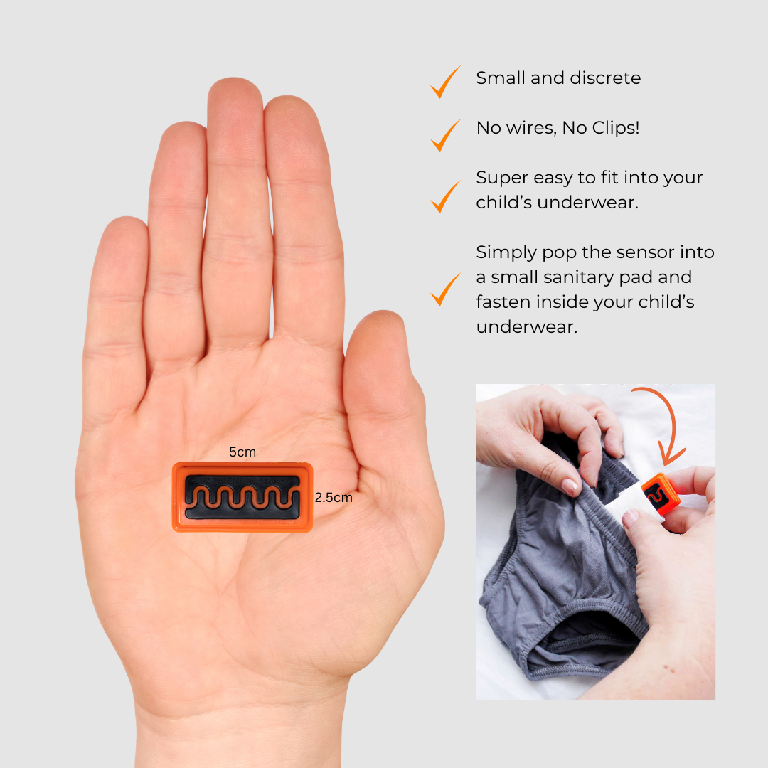 Graphic showing the DRI sleeper Eclipse bedwetting alarm explaining how it fits