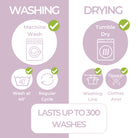 Washing and drying instructions with icons and text on a purple and white background