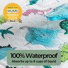 Liquid being poured on the dinosaur patterned waterproof mattress protector to show the absorption
