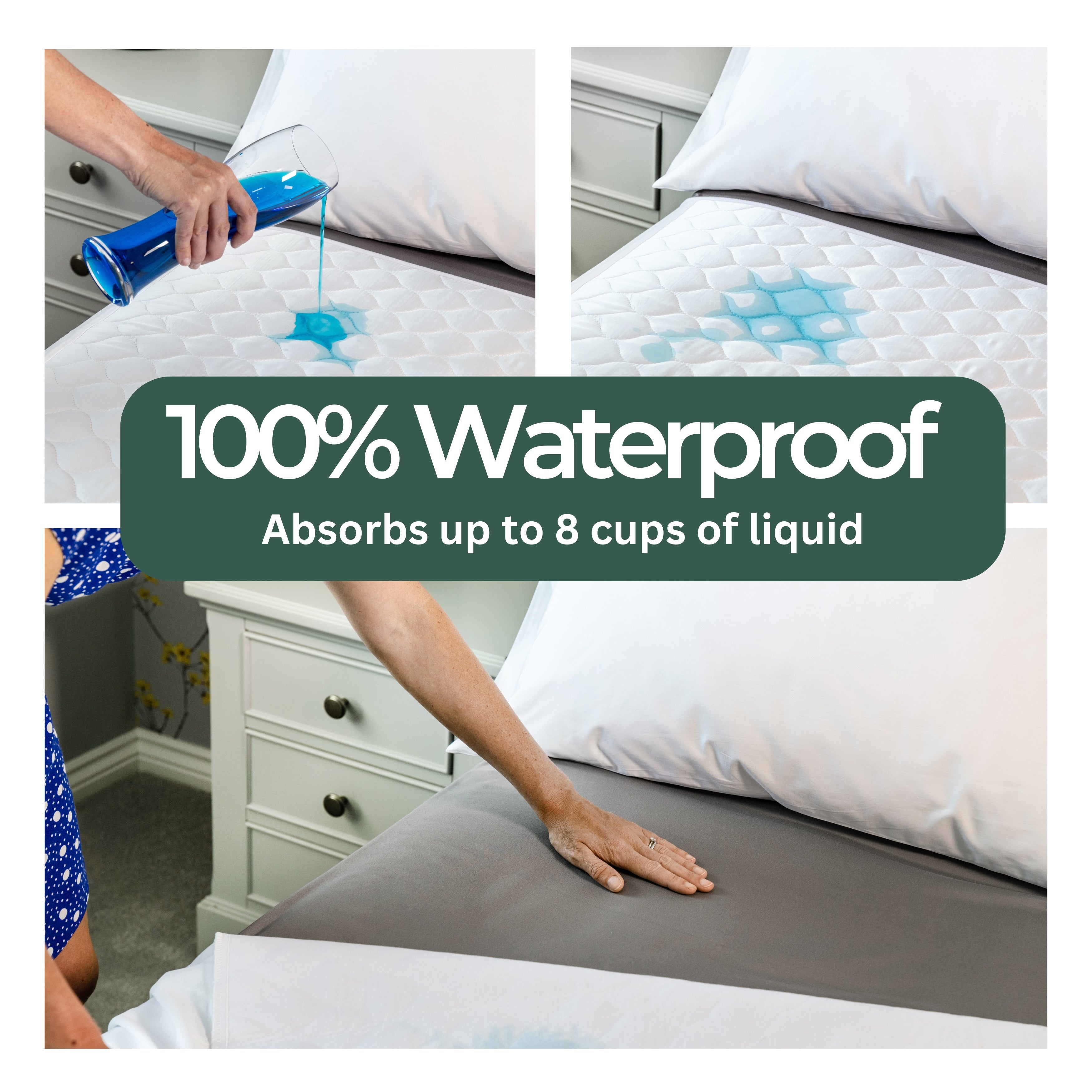 Blue liquid being poured onto organic bamboo waterproof mattress protector to showcase the absorbency