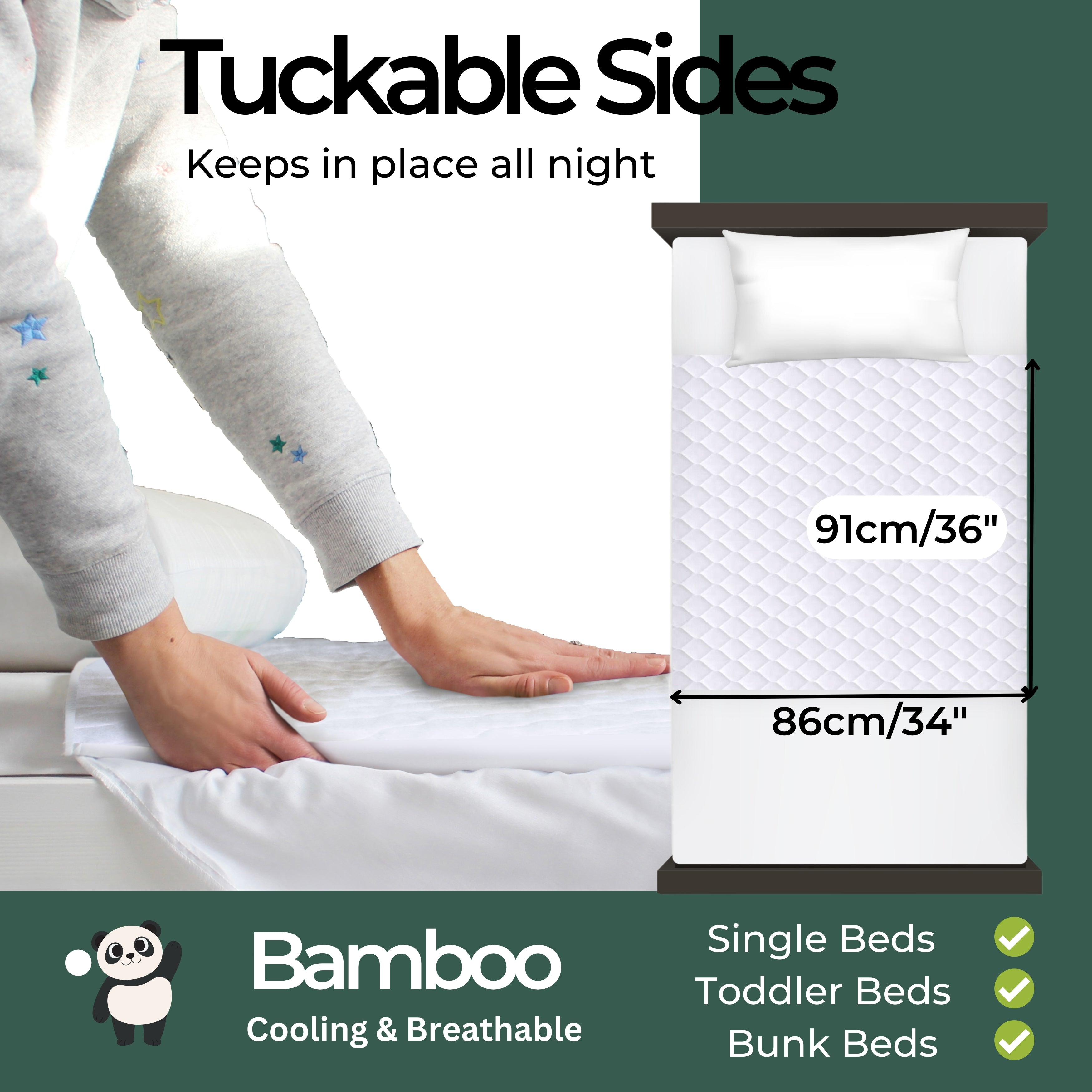 Tuckable sides and measurements of the organic bamboo waterproof mattress protector