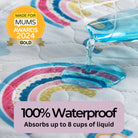 Blue liquid being poured onto the rainbow waterproof mattress protector to showcase the absorbency