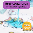 Blue liquid being poured onto the unicorn themed waterproof mattress protector to showcase the absorbency
