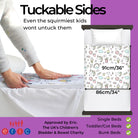 Tuckable sides and measurements of the unicorn themed waterproof mattress protector