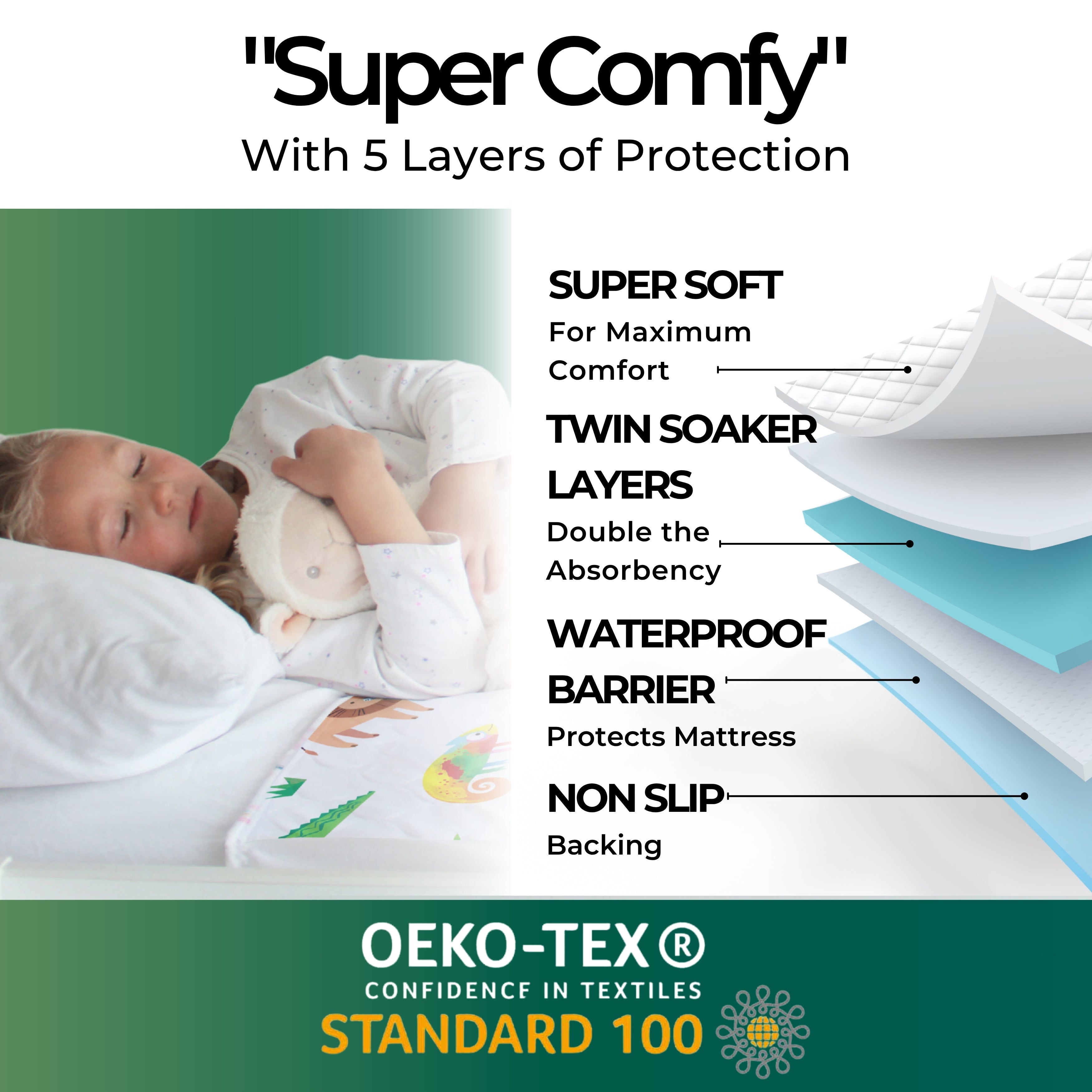 Safari animal mattress protector with layers of protection and a child sleeping, featuring Oeko-Tex certification.