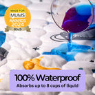 Blue liquid being poured onto the space themed waterproof mattress protector to showcase the absorbency