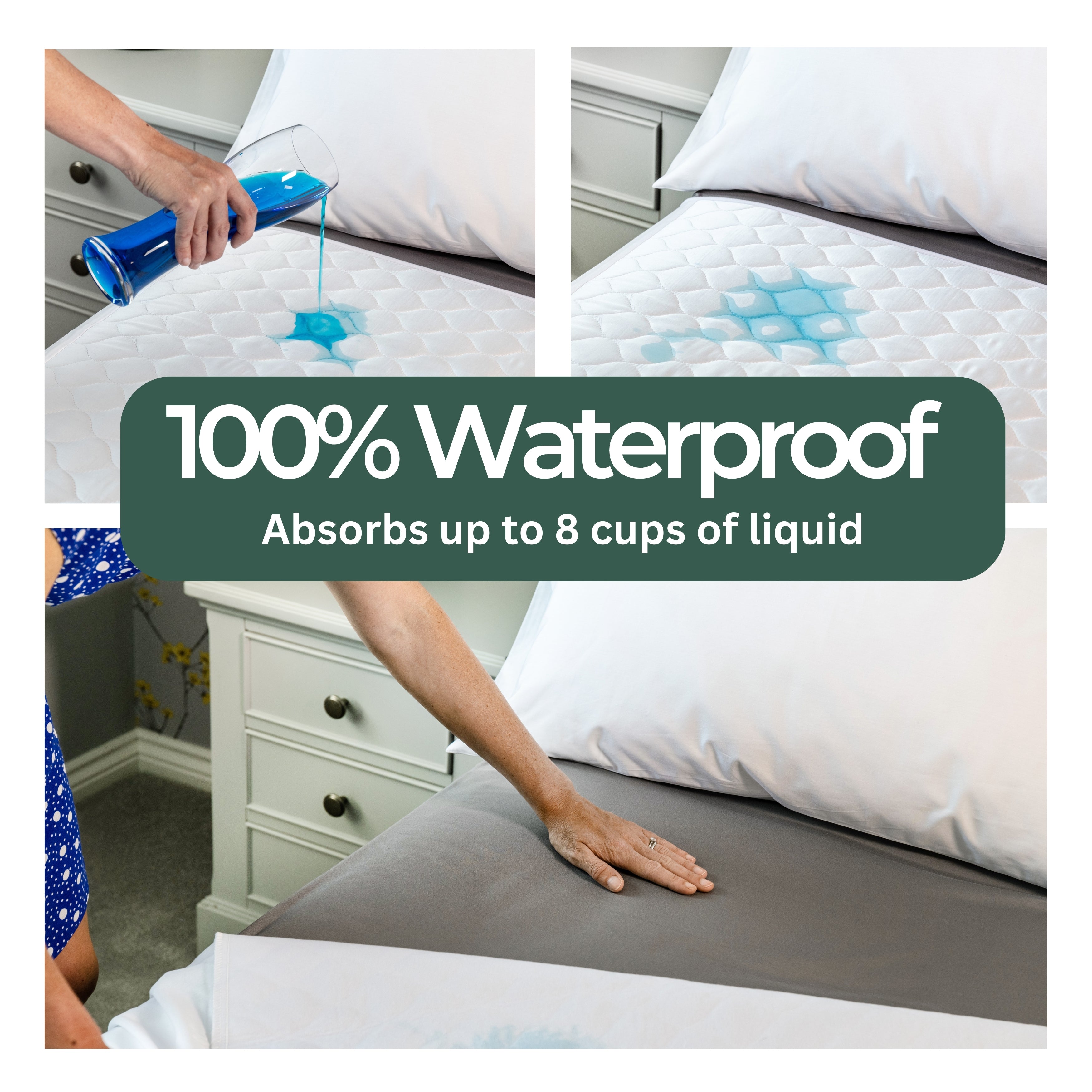 Mattress protector being demonstrated with liquid being poured onto it, labeled as 100% waterproof.