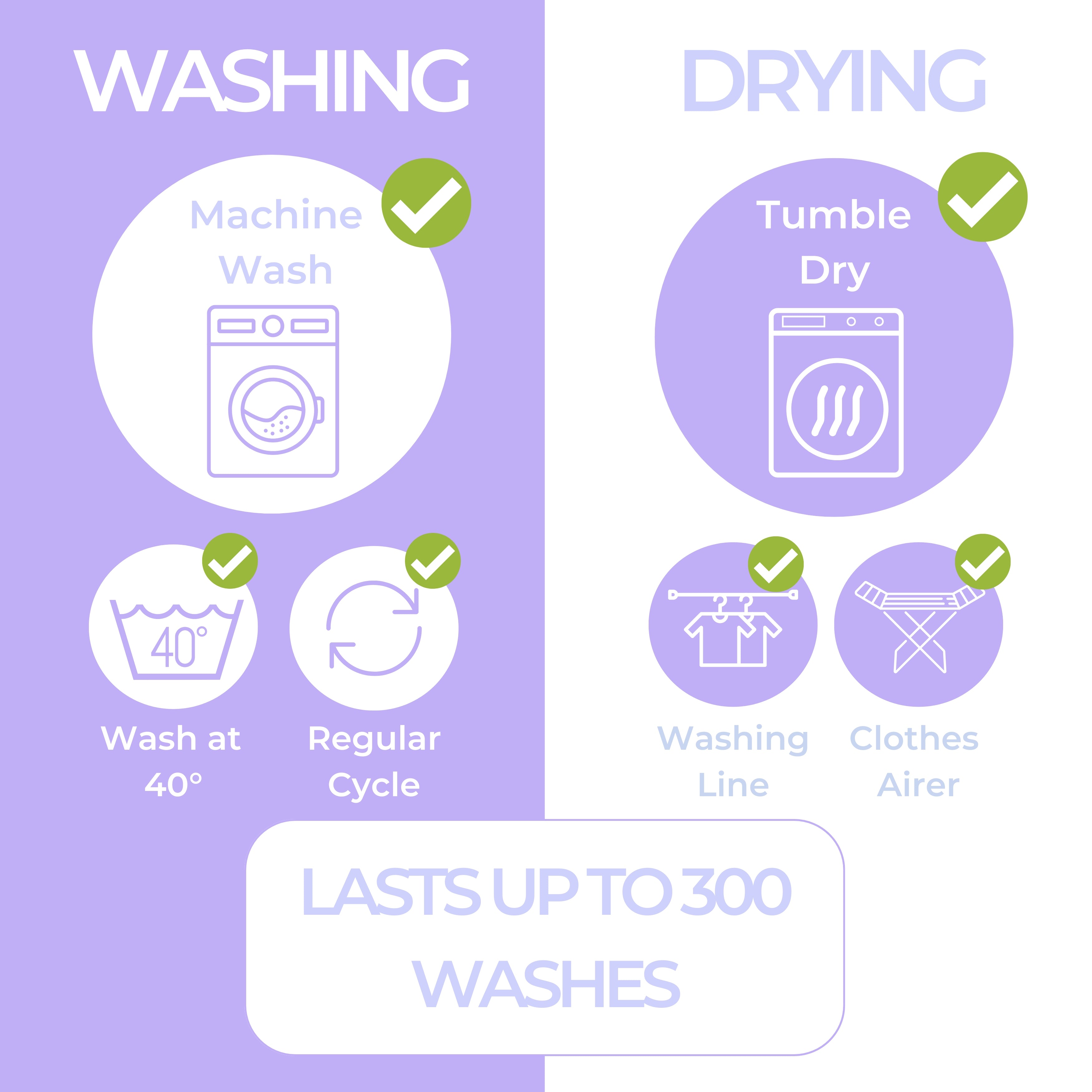 Washing and drying instructions with icons and text on a purple background