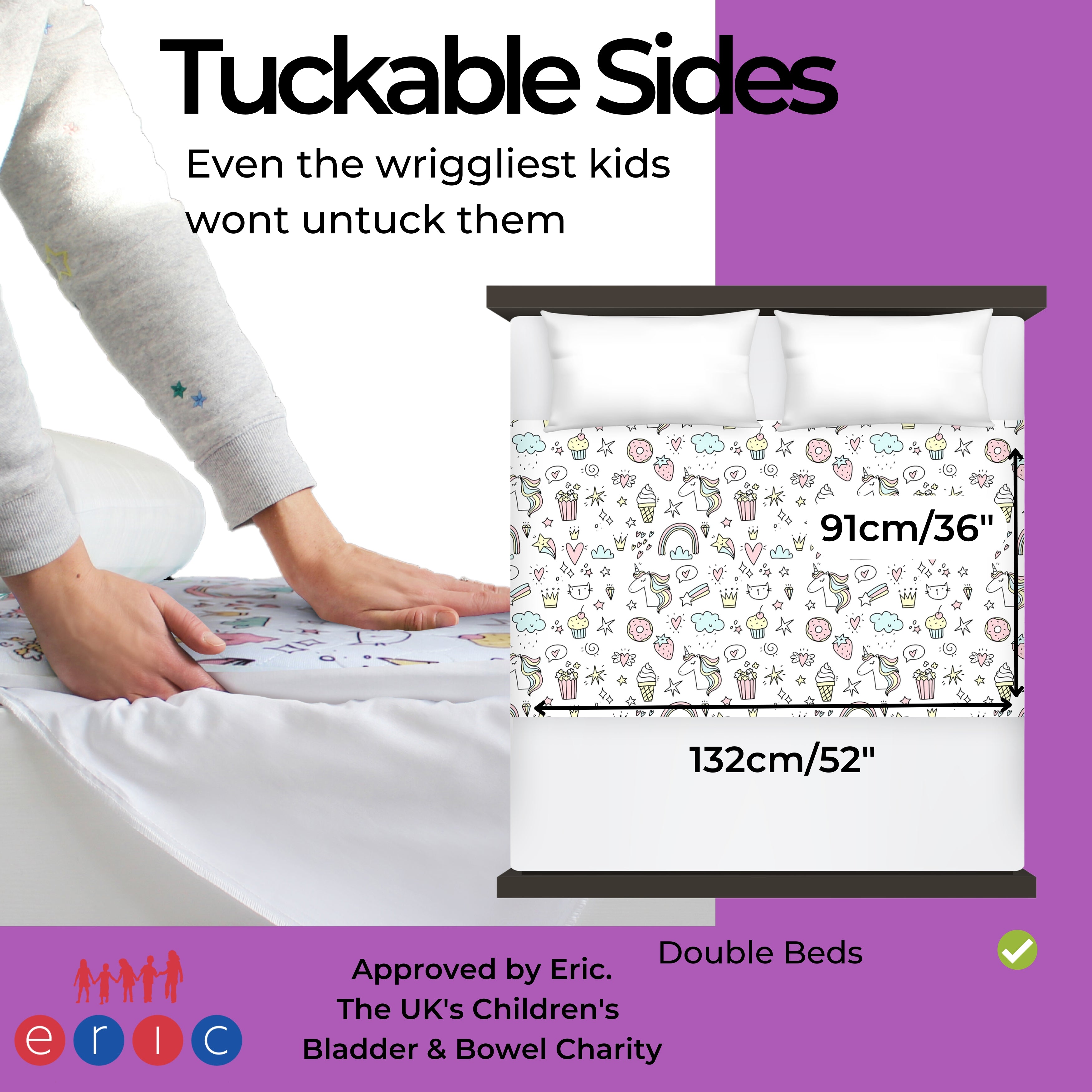 Tuckable sides graphic showcasing the unicorn bed protector product with a person tucking it under a bed, on a purple background.