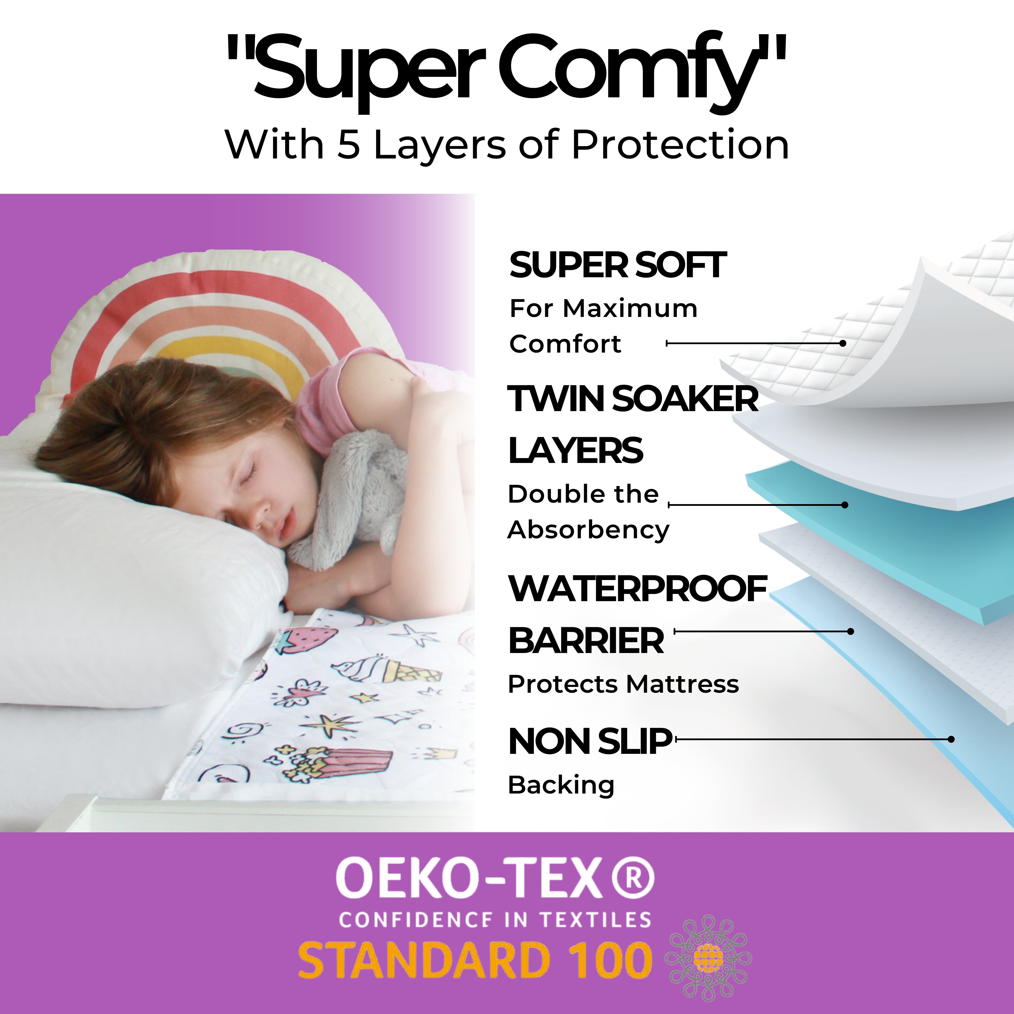 Child sleeping with a mattress topper labeled 'Super Comfy' with 5 layers of protection, featuring Oeko-Tex certification.