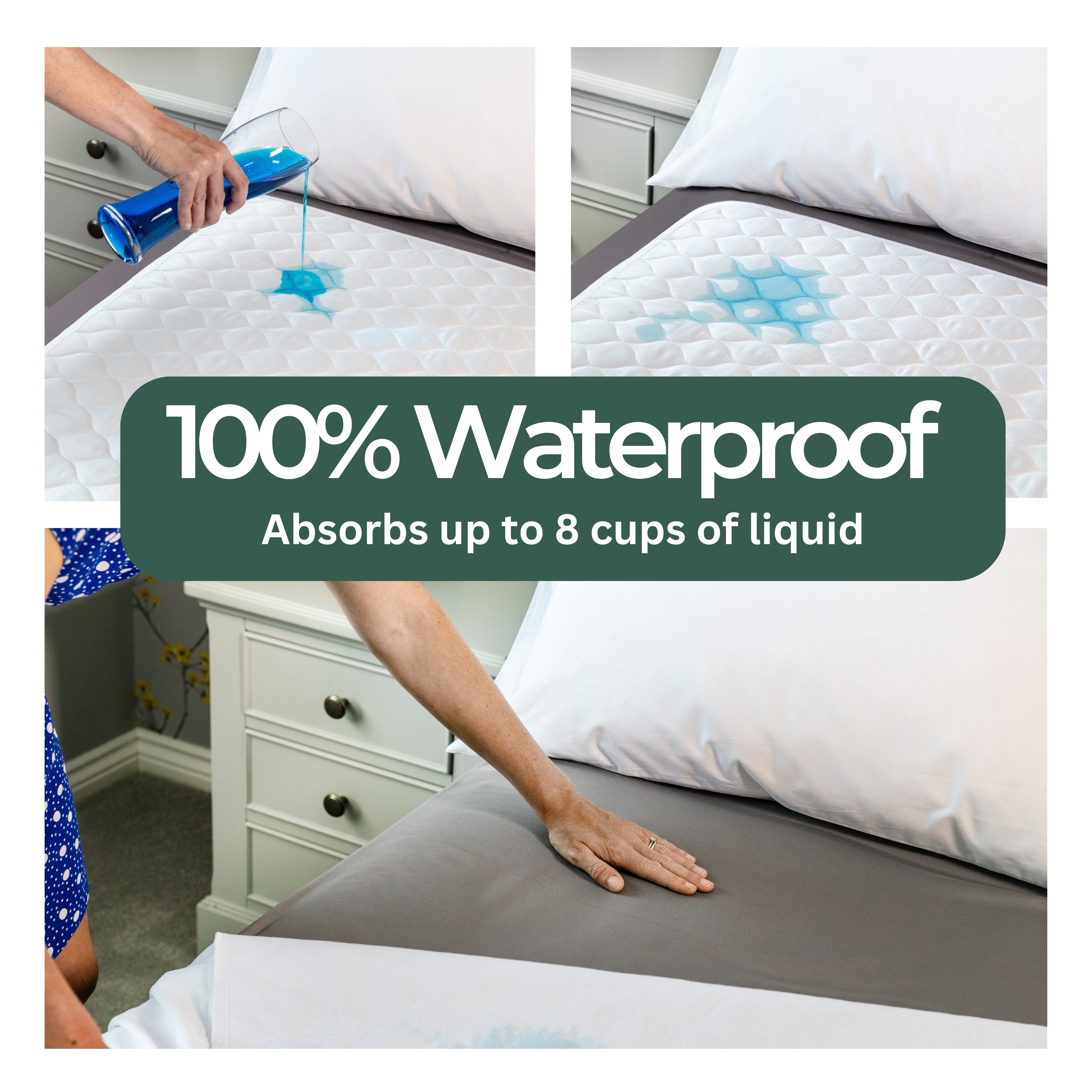 Mattress protector being demonstrated on a bed with text highlighting its waterproof properties.