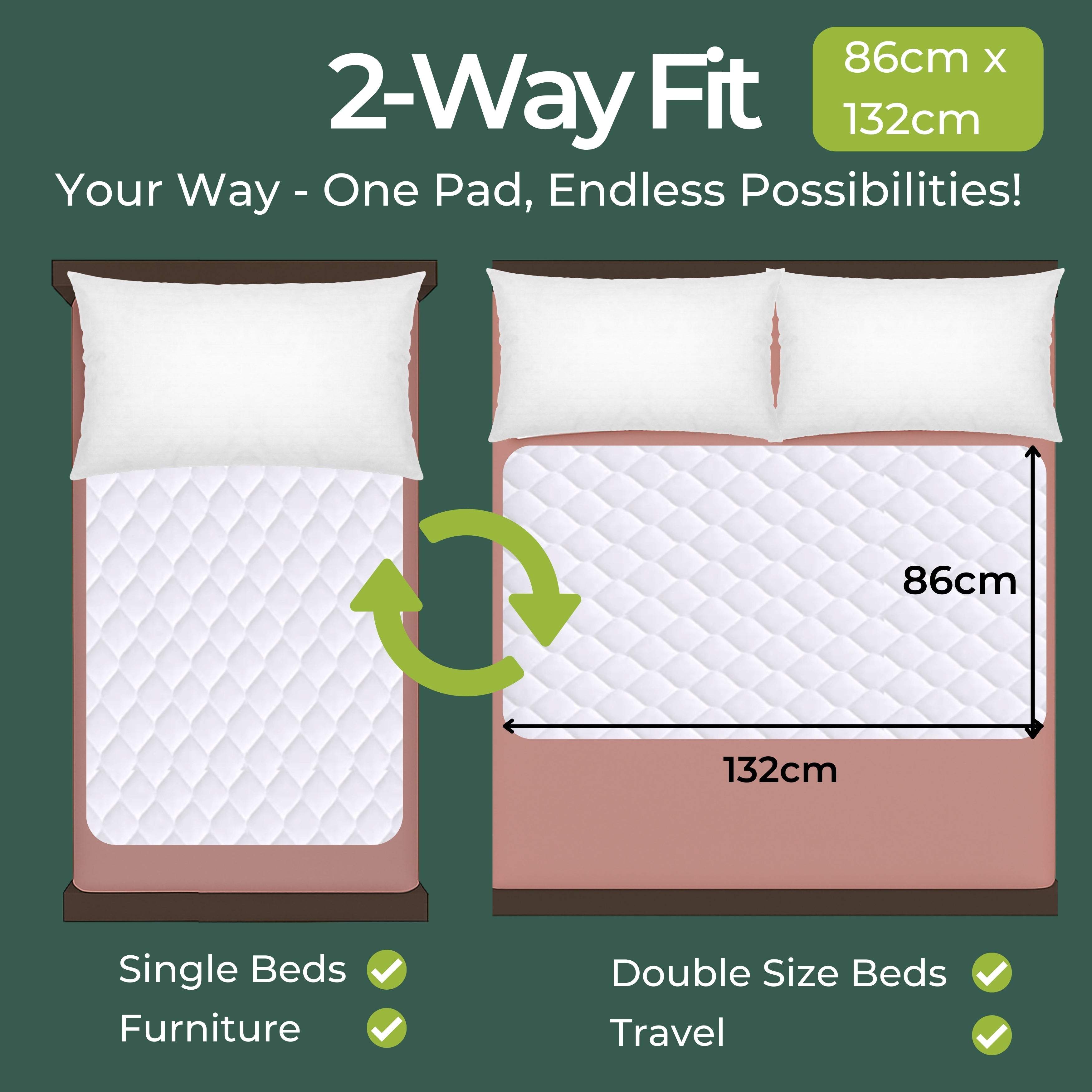 Organic bamboo  2-Way Fit Incontinence Pad with dimensions and versatility on a green background