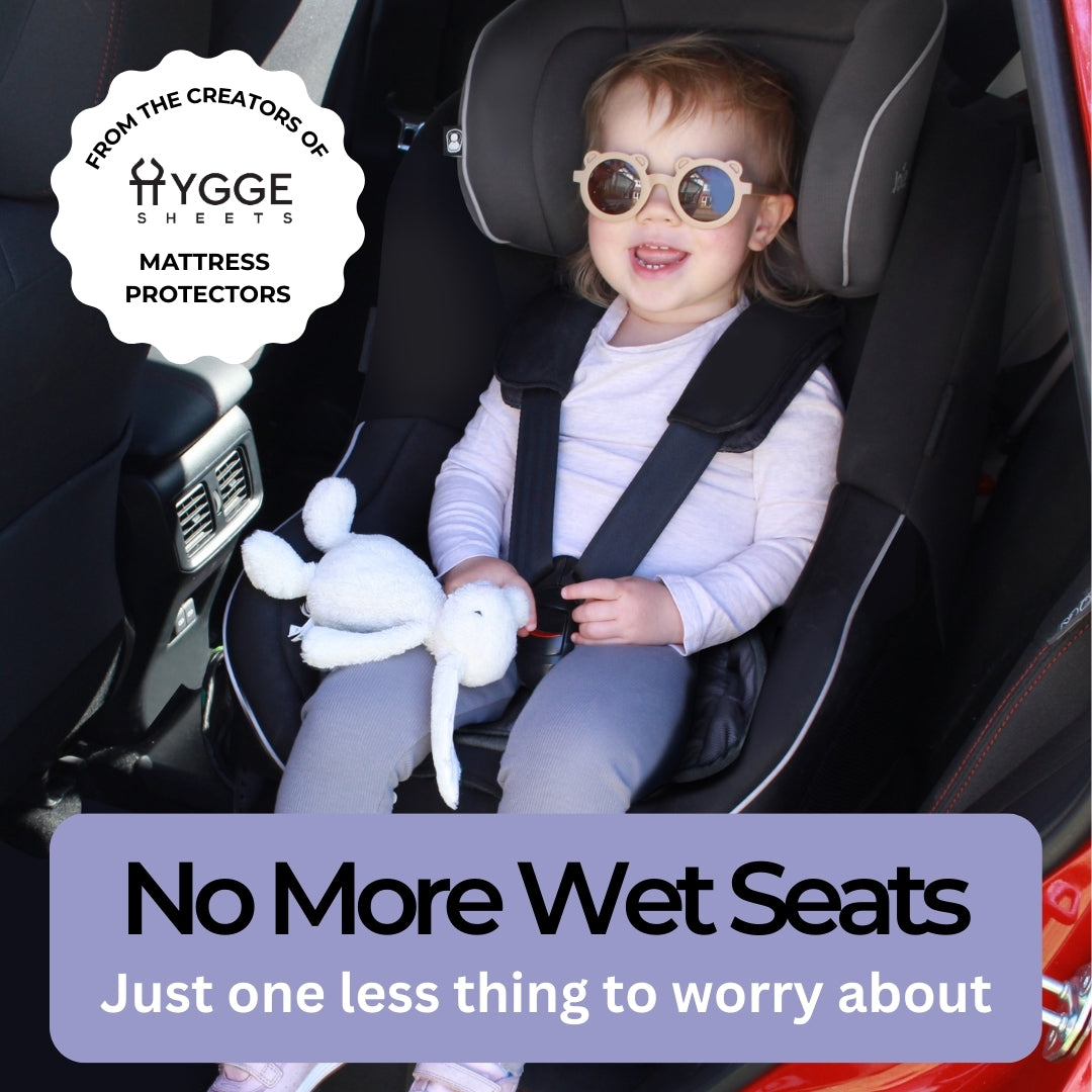 Child in a car seat using the protector with a rabbit toy, surrounded by text about the car protector and a brand logo.