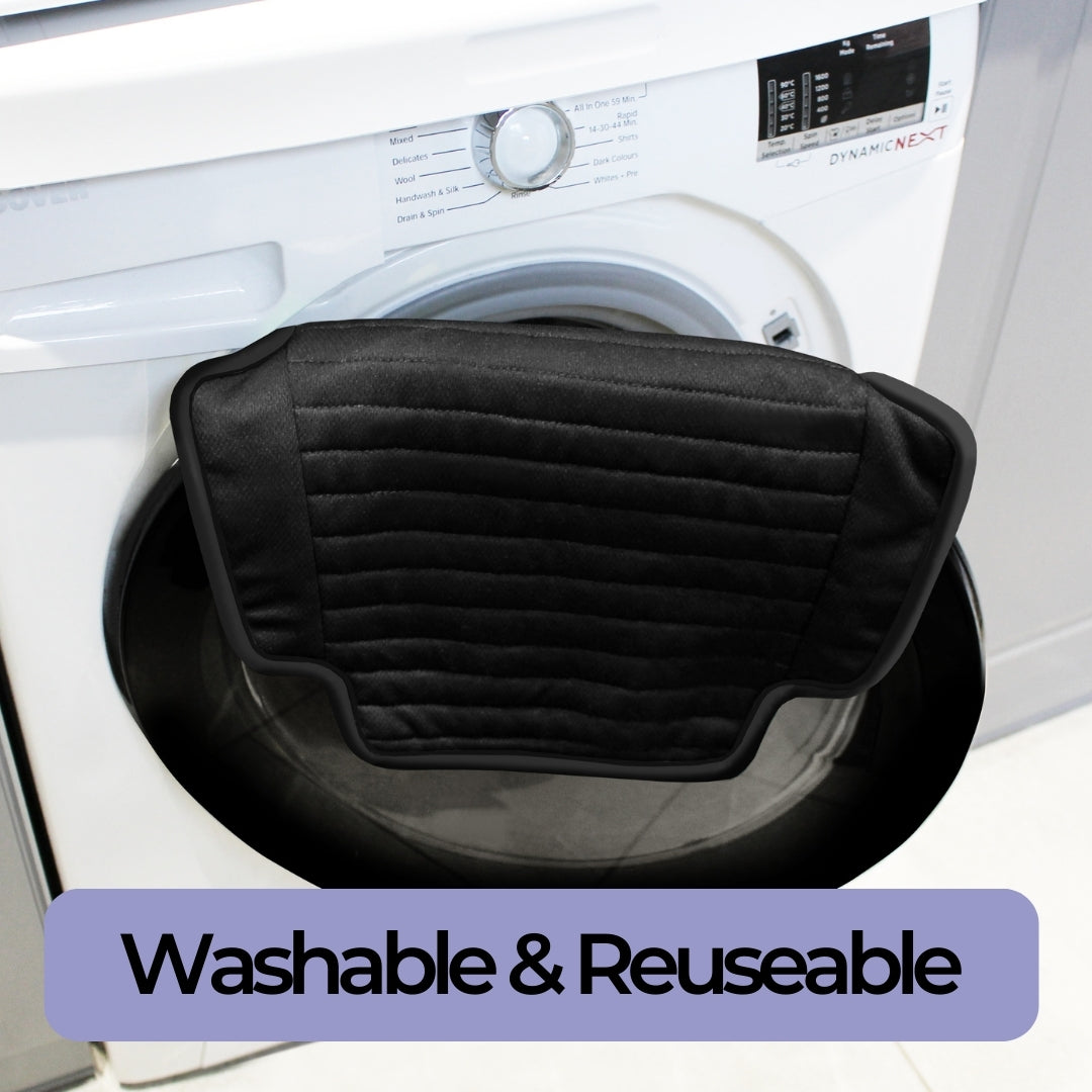 Black car seat protector cover in front of a washing machine with 'Washable & Reusable' text.