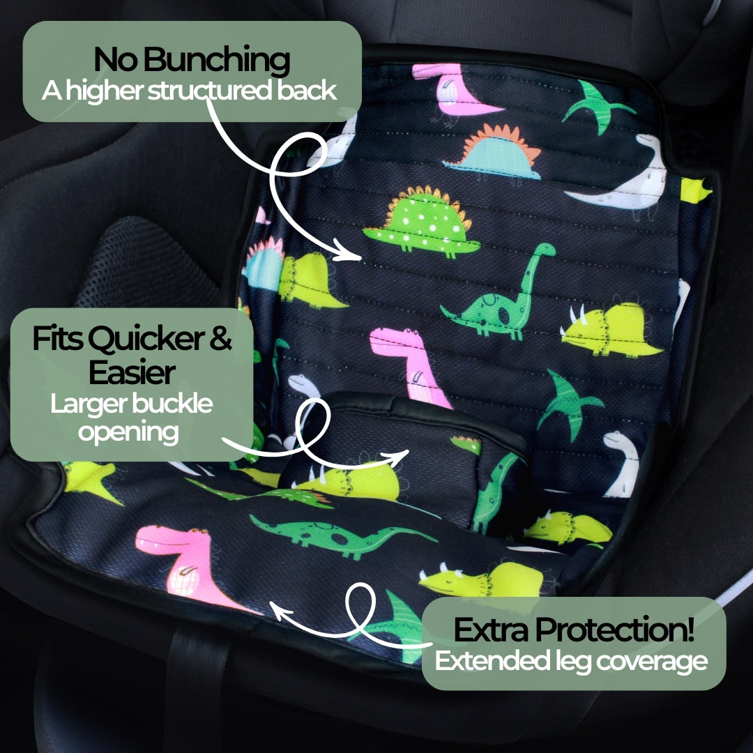 Car seat protector with dinosaur pattern on a car seat, showing features like no bunching and extended leg coverage.