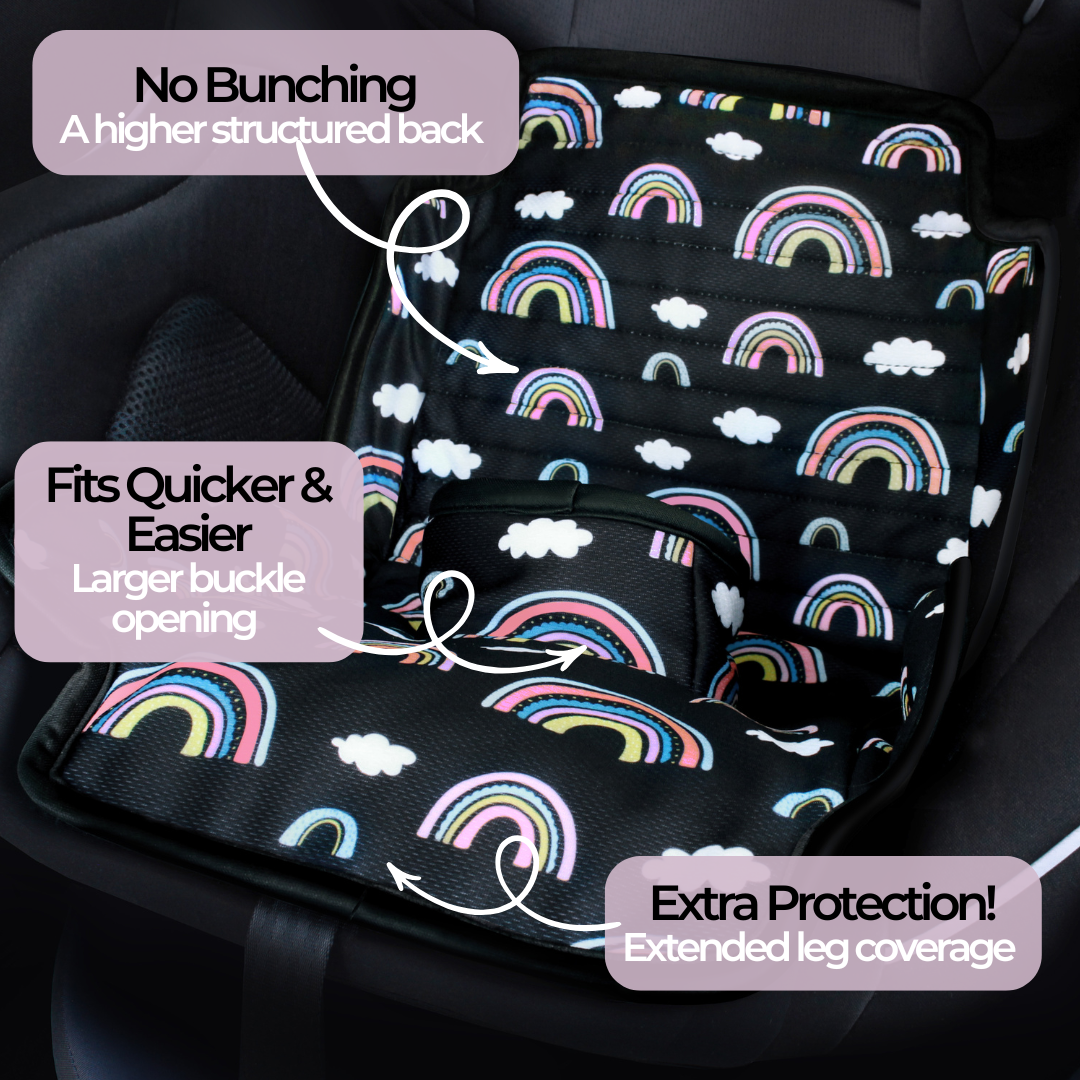 Car seat cover with rainbow pattern on a car seat, highlighting features.
