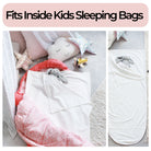 Graphic explaining the white waterproof sleeping bag liner fits inside any kids sleeping bag.