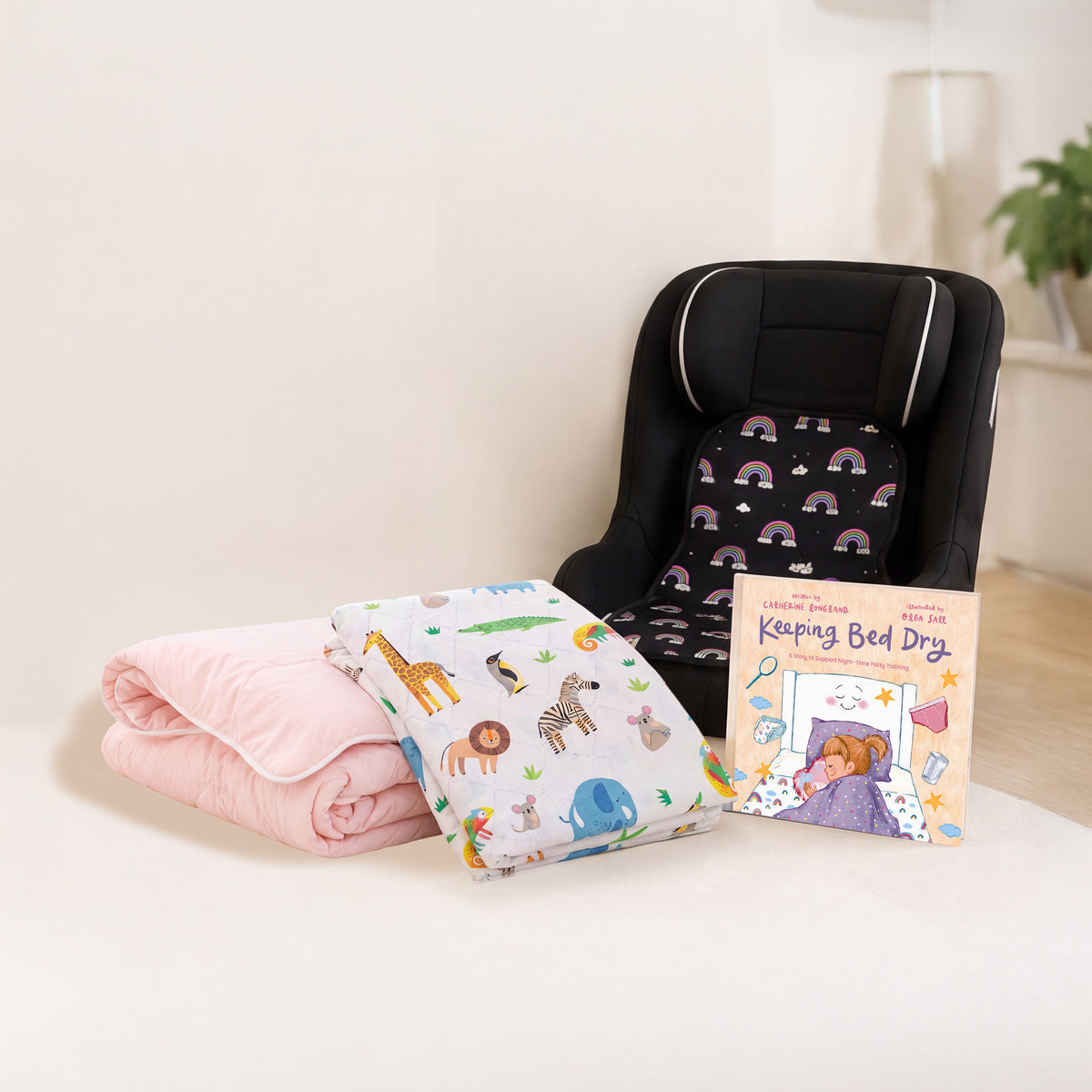 Rainbow car seat protector, pink coverless duvet, safari waterproof sheet and potty training book bundle items.