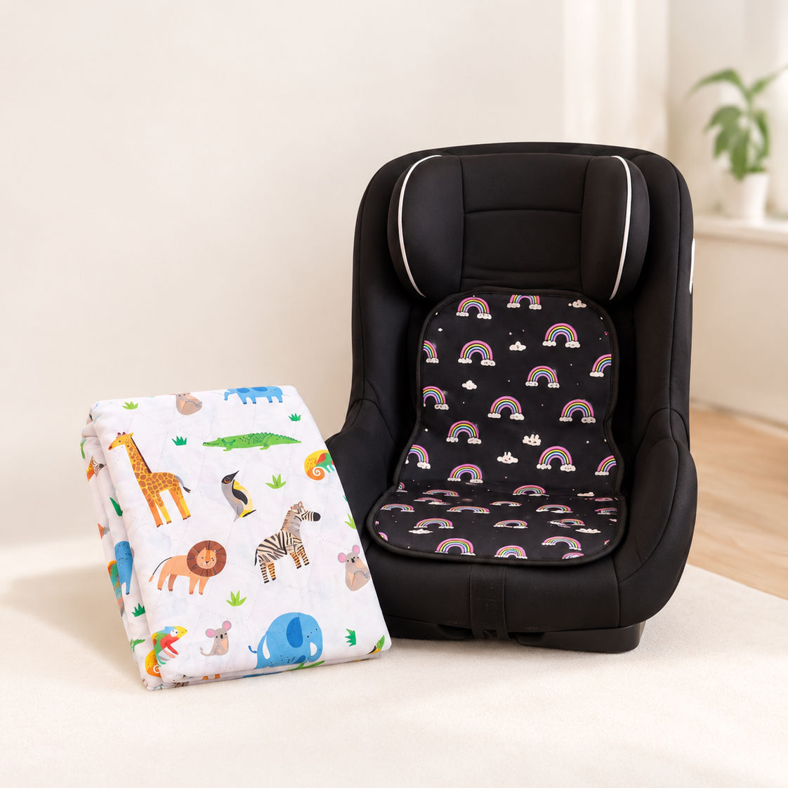 Starter potty training bundle with a waterproof bed sheet and car seat protector.