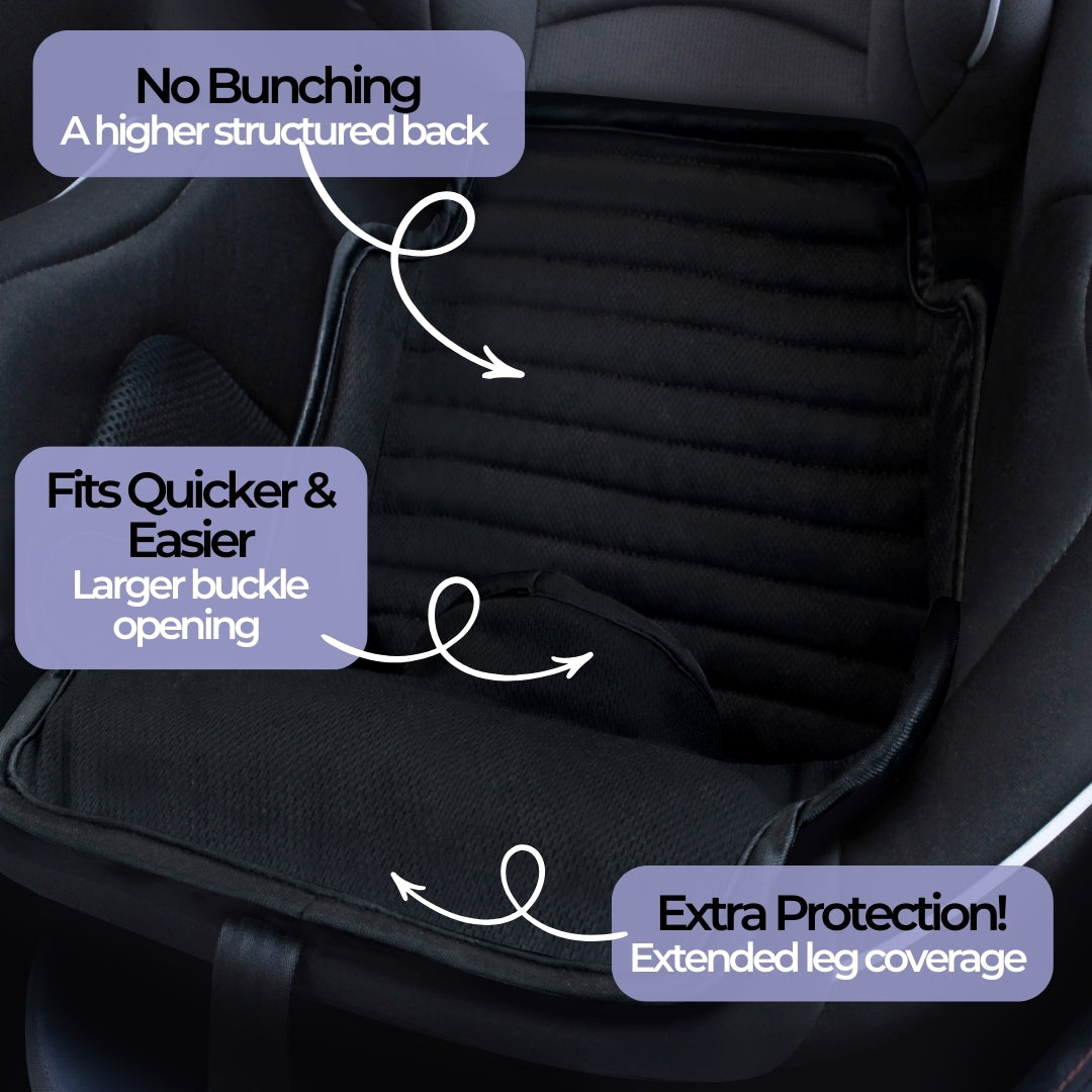 Car seat protector with features highlighted on a dark background