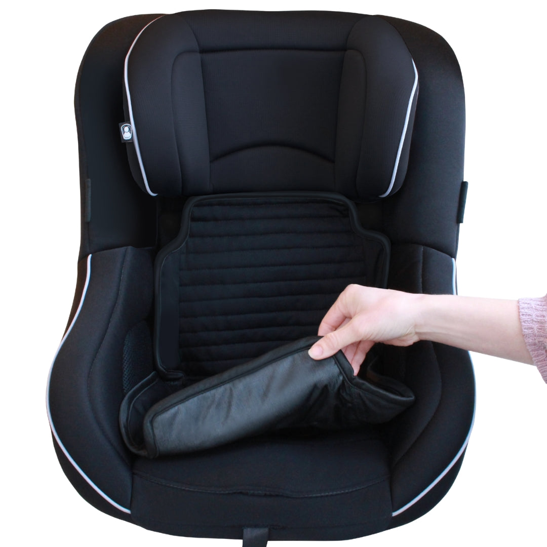 Black car seat with a hand adjusting the backrest on a white background