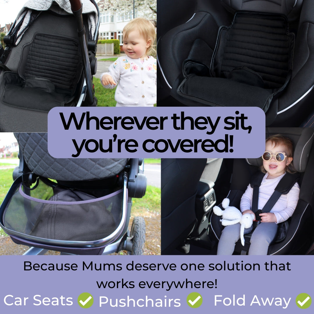 Collage of car seat protectors and pram with text emphasising coverage and convenience.