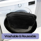 Black car seat protector cover in front of a washing machine with 'Washable & Reusable' text.