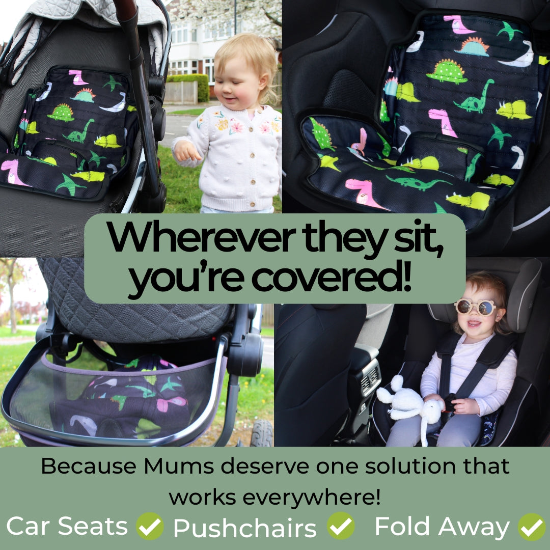 Product collage of a car seat cover with dinosaur pattern, used in a pram and on a car seat.