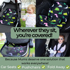 Product collage of a car seat cover with dinosaur pattern, used in a pram and on a car seat.