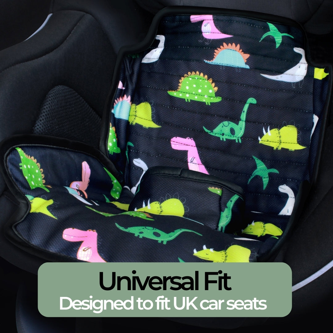 Car seat cover with dinosaur pattern on a car seat, labeled 'Universal Fit' for UK car seats.