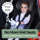 Child in a car seat with a rainbow car seat protector with text stating 'no more wet seats'