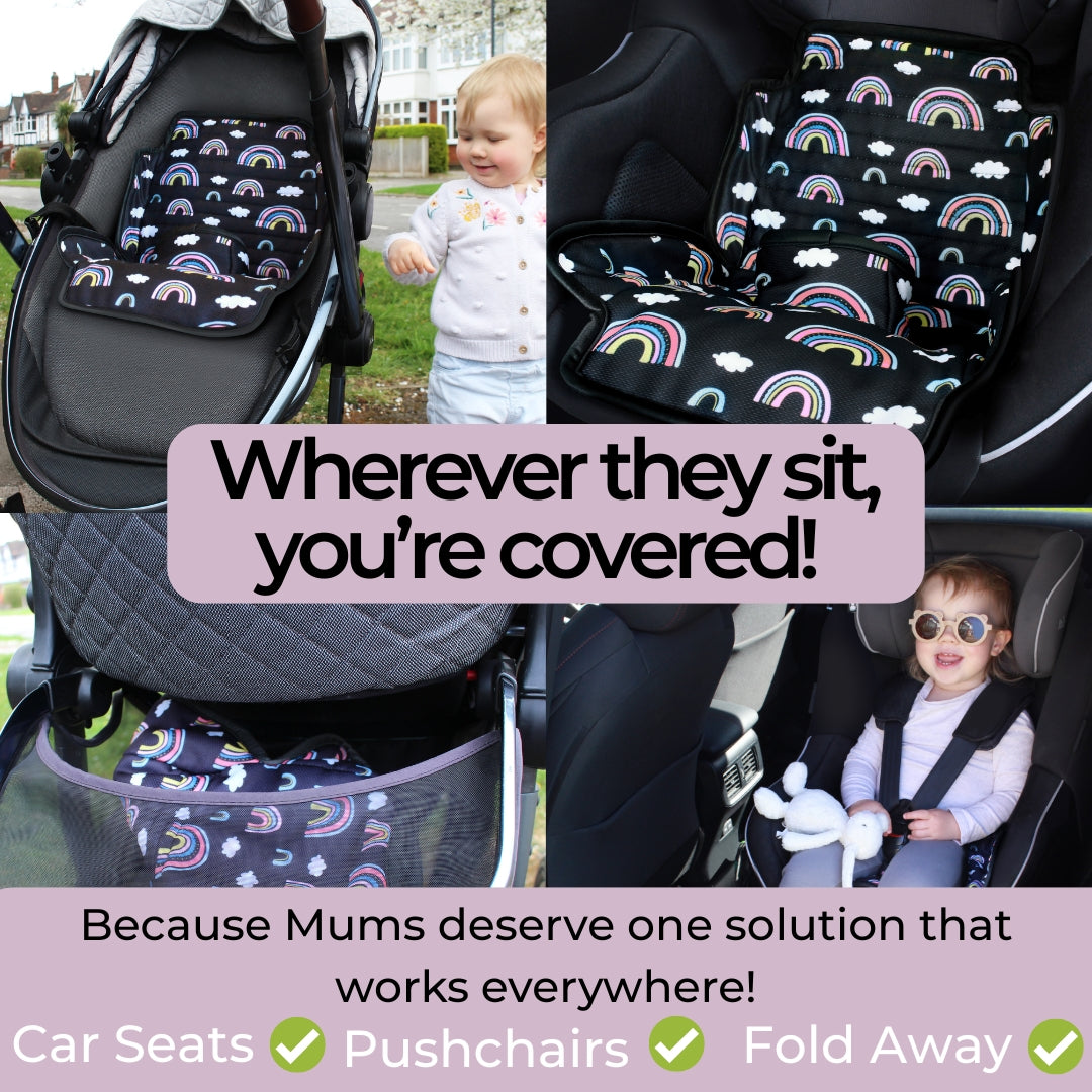 Product collage of a rainbow patterned cover for car seats and pushchairs with text highlighting its versatility.