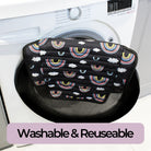 Reusable protector with rainbow pattern on a washing machine, labeled 'Washable & Reusable'.