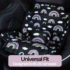 Car seat protector with rainbow pattern on a car seat