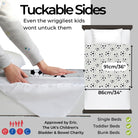 Bedding product with tuckable sides and football pattern, showing dimensions and approval by a children's charity.