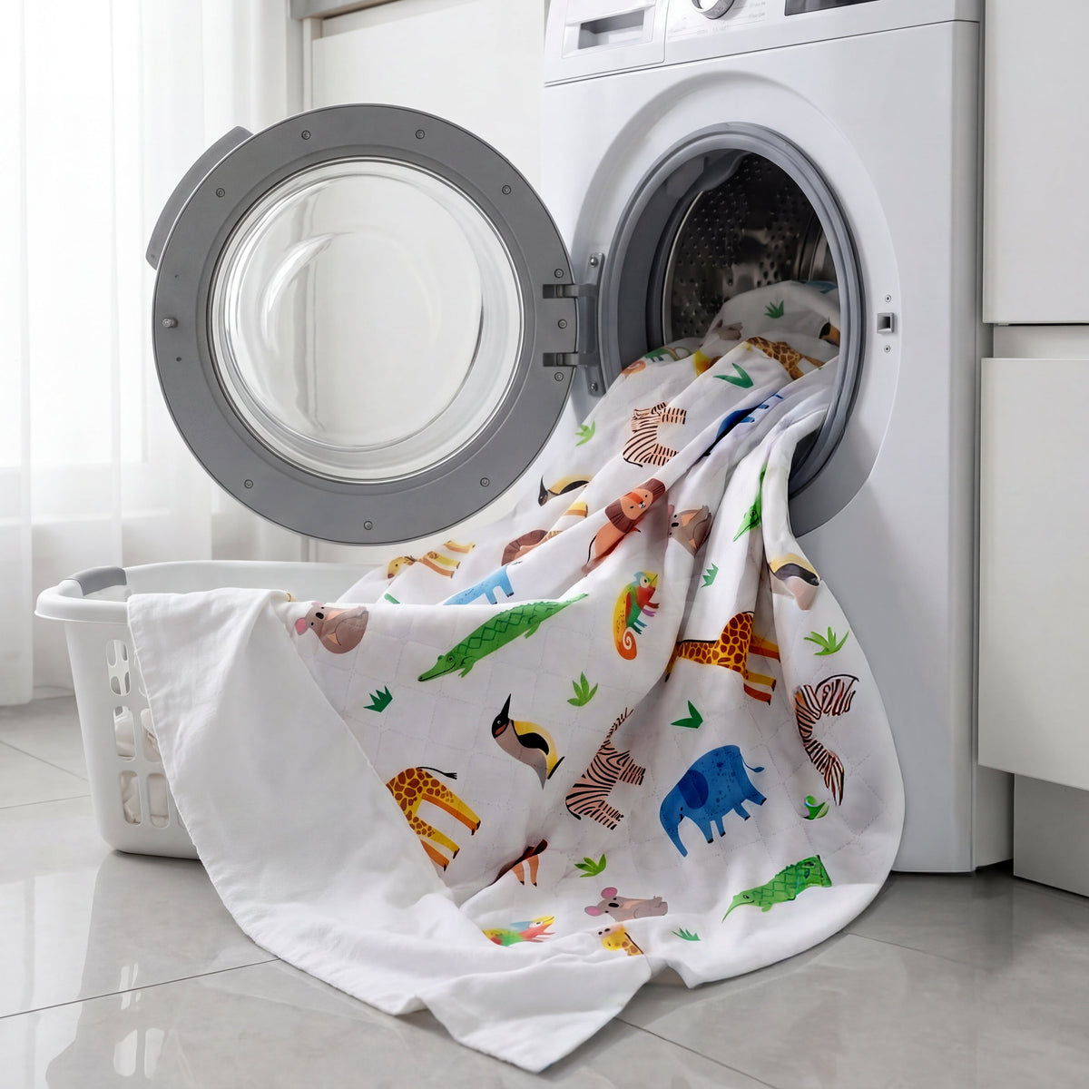 Safari print Hygge waterproof bed pad being washed in a washing machine
