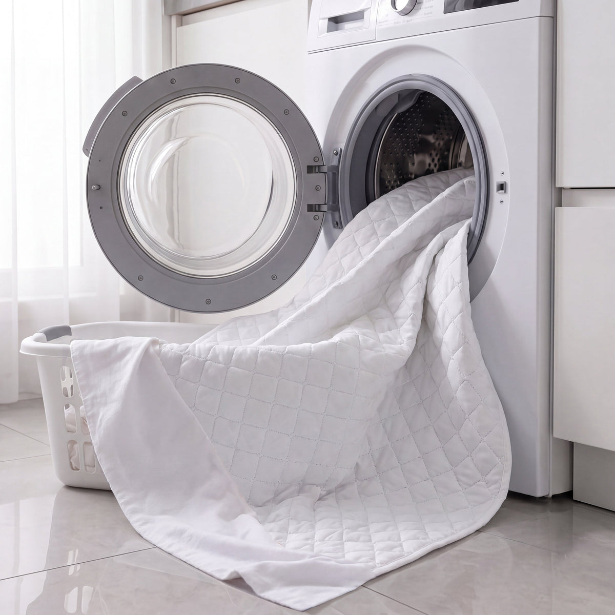 White Hygge bamboo waterproof bed pad being washed in a washing machine