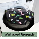 Reusable car seat protector with dinosaur pattern resting on a washing machine, labeled 'Washable & Reusable'.