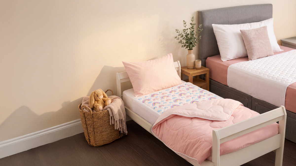 Rainbow print waterproof bed pad on a child’s bed with a white bamboo waterproof bed pad on an adult bed in the background