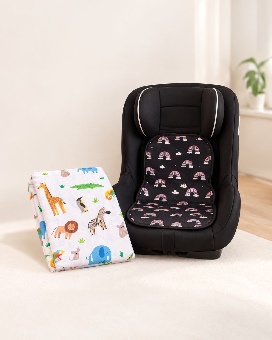 Starter potty training bundle with a waterproof bed sheet and car seat protector.